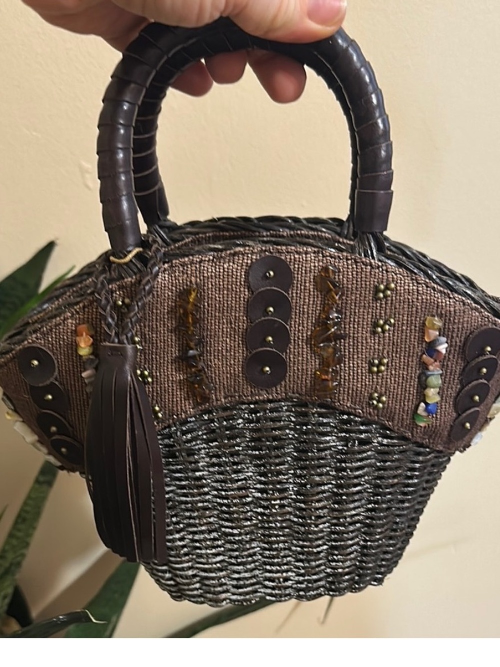 Beaded Woven Straw Mini Tote Bag